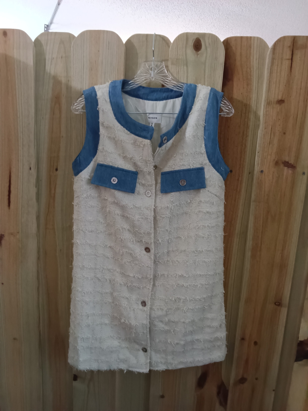 Heyson Cream Tweed Shift Dress with Blue Trim. NWT Small In Photo
